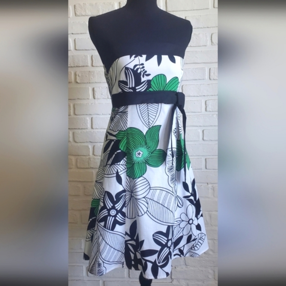 Jessica Sears Strapless Dress A-Line Ribbon Vintage White Floral Cotton Size 8